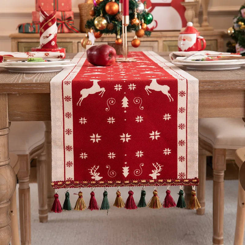 Afralia™ Christmas Cartoon Jacquard Table Runner with Embroidered Tassel - Festive Dining Room Decor