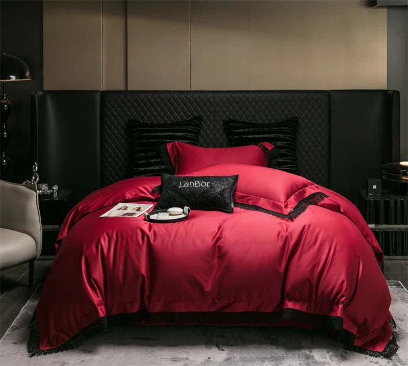 Afralia™ French Lace Edge Bedding Set, 1000TC Egyptian Cotton, Queen King, Duvet, Sheet, Pillowcases