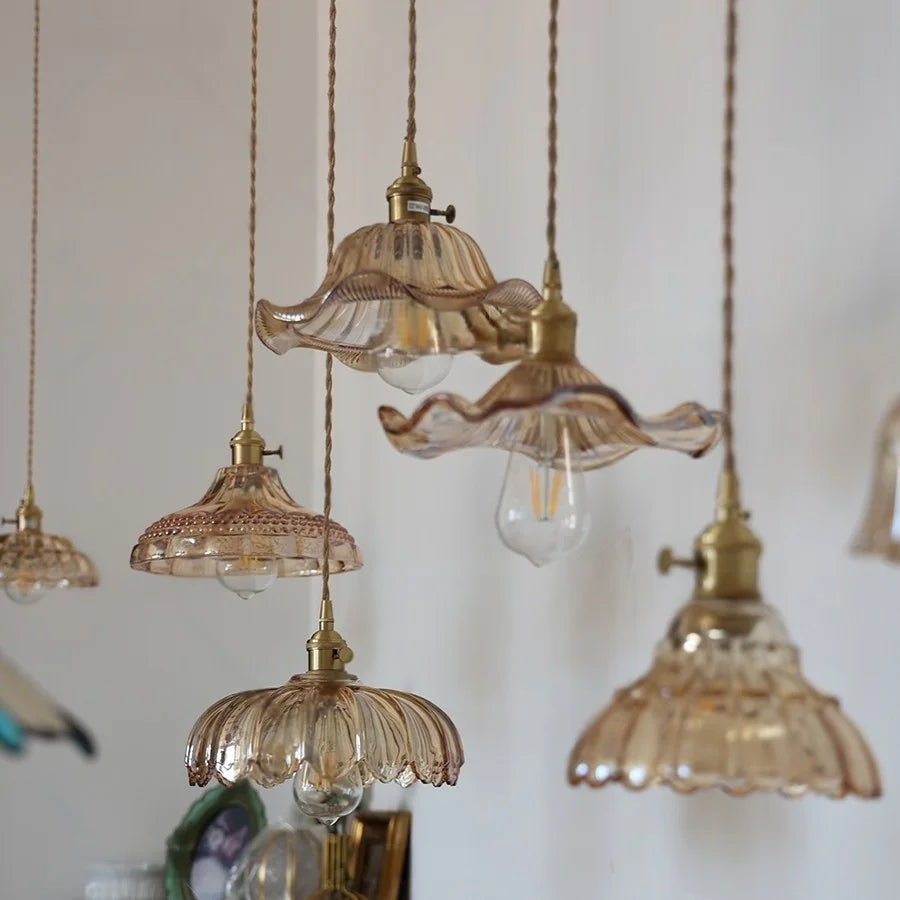 Afralia™ Amber Flower Glass LED Pendant Light - Modern Nordic Copper Switch Hang Lamp