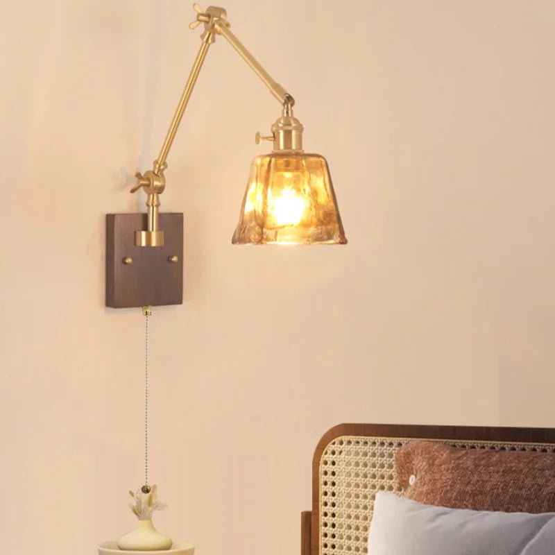 Afralia™ Wood LED Wall Light with Pull Chain Switch & Rotatable Amber Glass