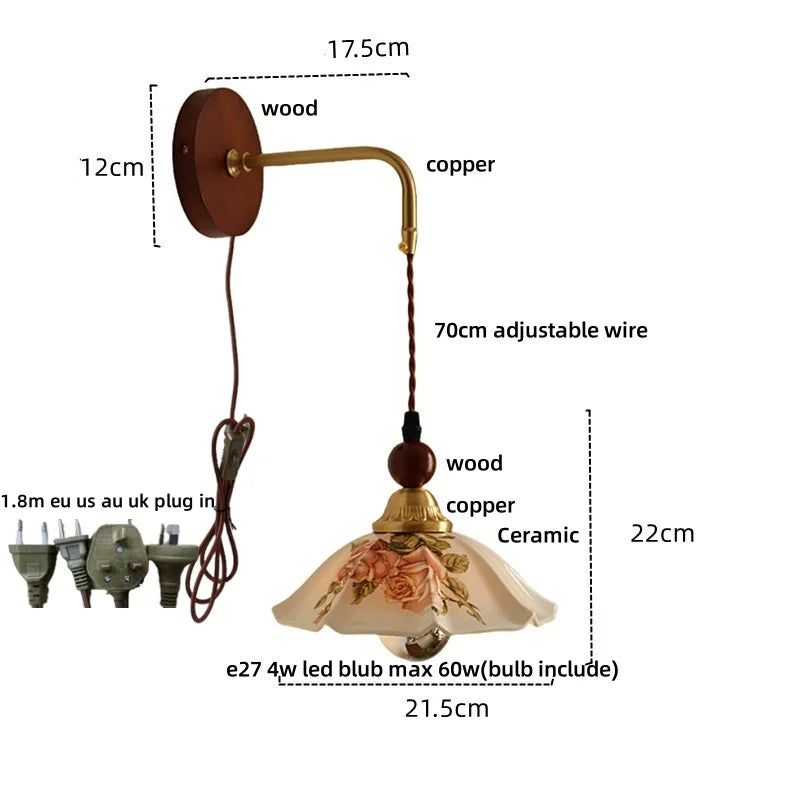 Afralia™ Nordic LED Wall Sconce Flower Ceramic Copper Wood Bedroom Reading Light