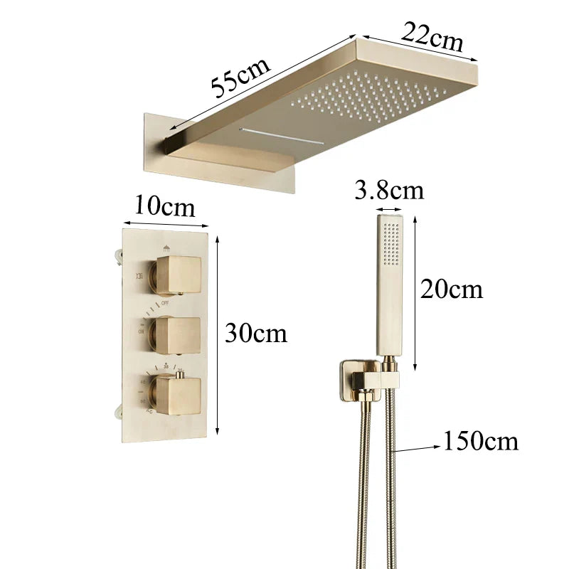 Afralia™ Gold Thermostatic Rain Waterfall Shower Faucet Set - Wall Mounted Shower System