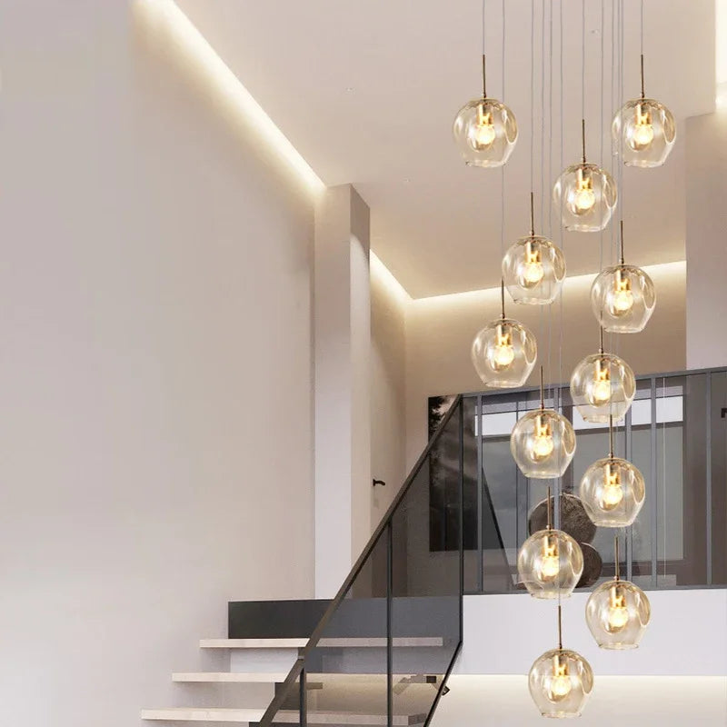 Afralia™ Rotating Stairwell LED Chandelier Glass Ball Modern Minimalist Nordic Long Chandelier