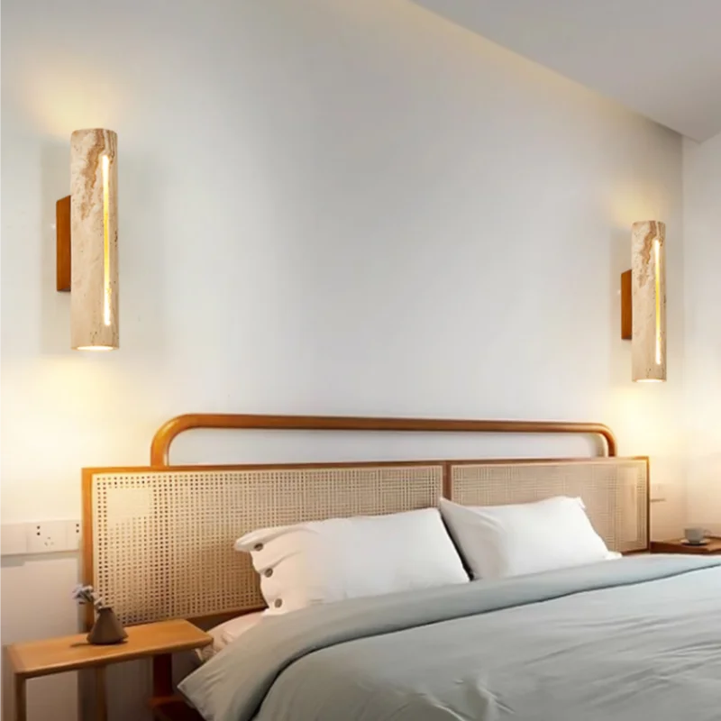 Afralia™ Wood Canopy LED Wall Lights Yellow Travertine Nordic Modern Indoor Sconce Lamp