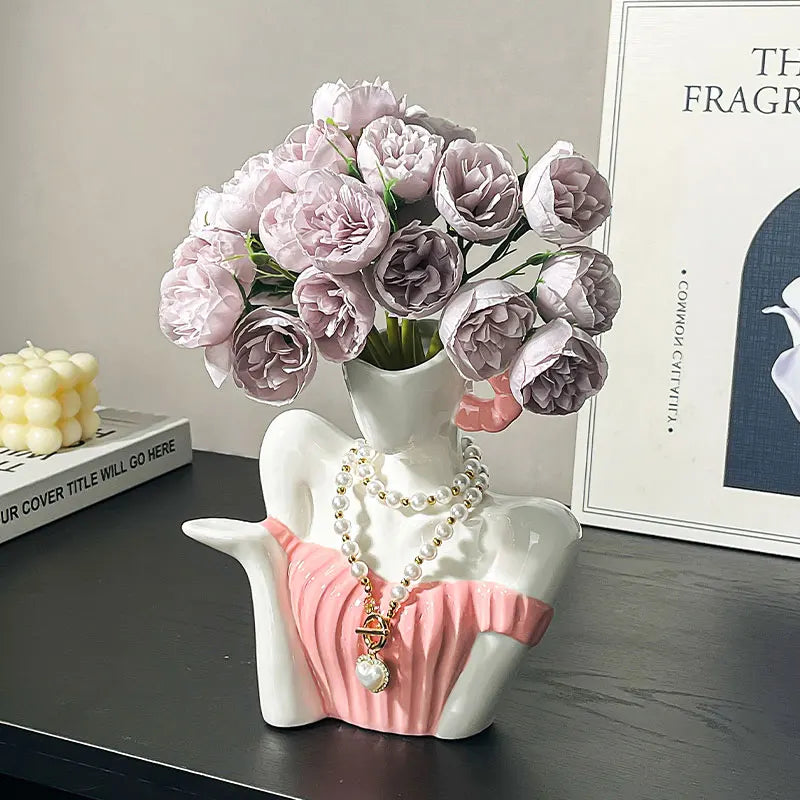 Afralia™ Woman Statue Ceramic Vase Home Decor Flower Arrangement Accessory