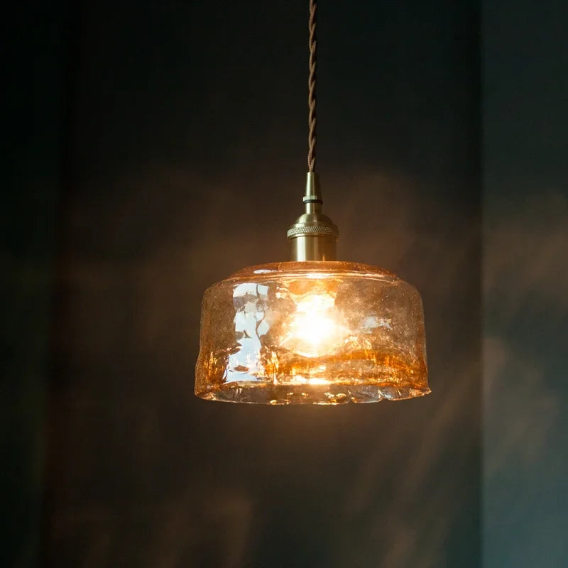 Afralia™ Brass Amber Glass LED Pendant Light for Restaurant Bedside Kitchen Loft Bar