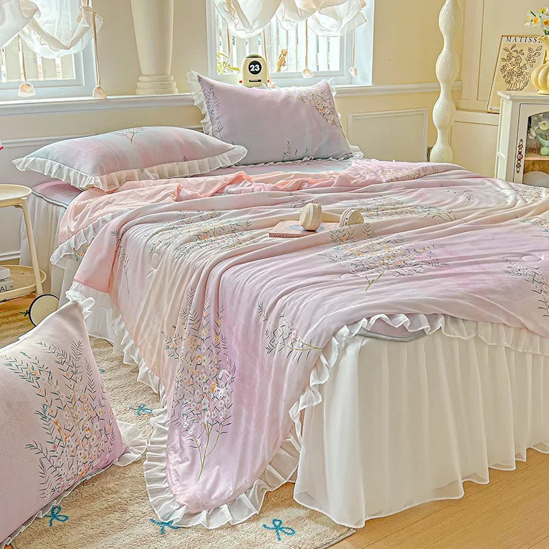 Afralia™ Floral Print Lace and Ruffle Summer Quilt: Skin-Friendly, Breathable Comforter