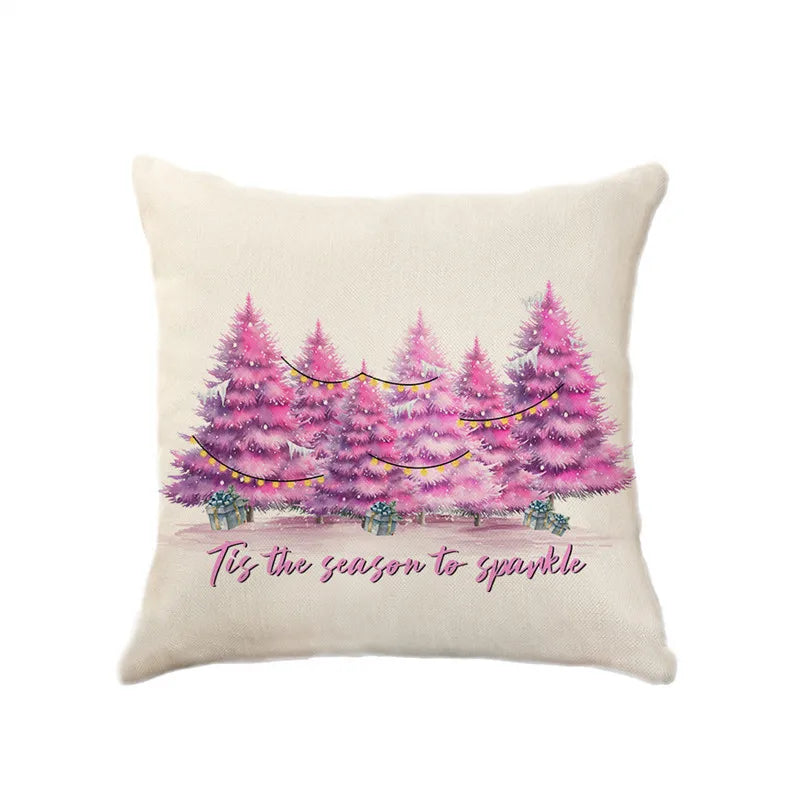 Afralia™ Pink Christmas Tree Linen Cushion Cover for Home Decor