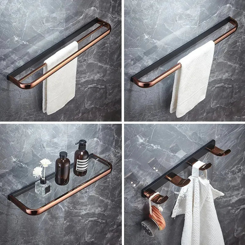 Afralia™ Rose Gold Black Bathroom Hardware Set: Towel Rack, Shelf, Paper Holder, Towel Holder, Toilet Brush Holder