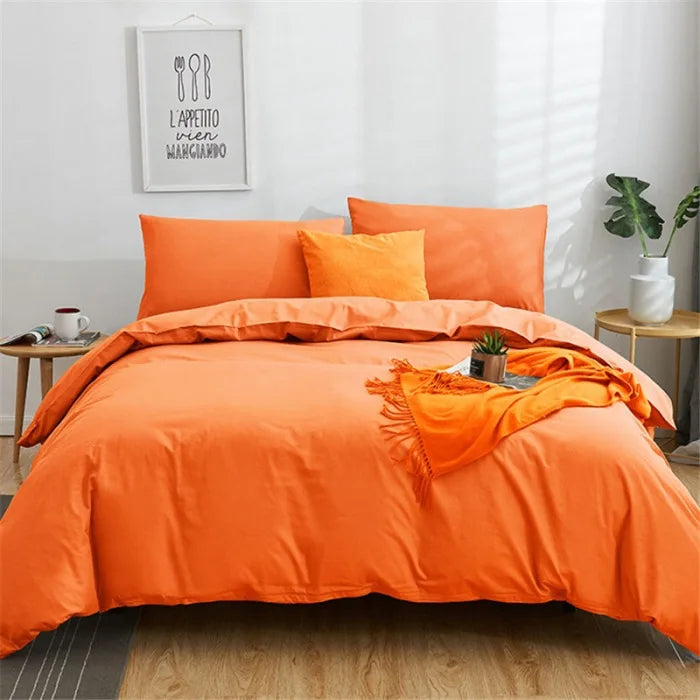 Afralia™ Cotton 4pcs Bedding Set Double Queen Solid Color Duvet Cover Flat Bed Sheet