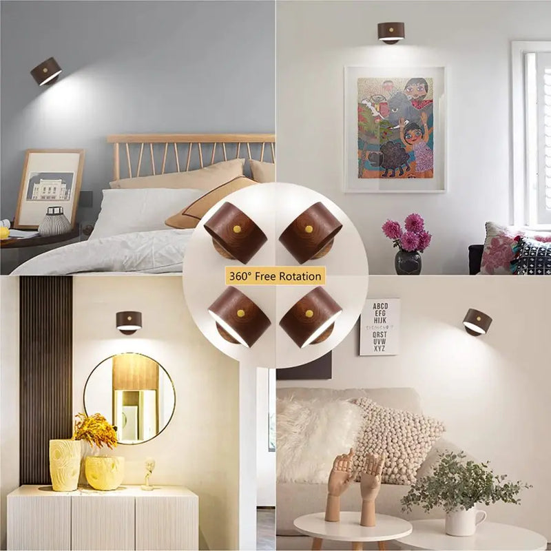 Afralia™ Wood Wall Lamp Night Light USB Rechargeable Touch Dimming 360°Rotate Eye Protection