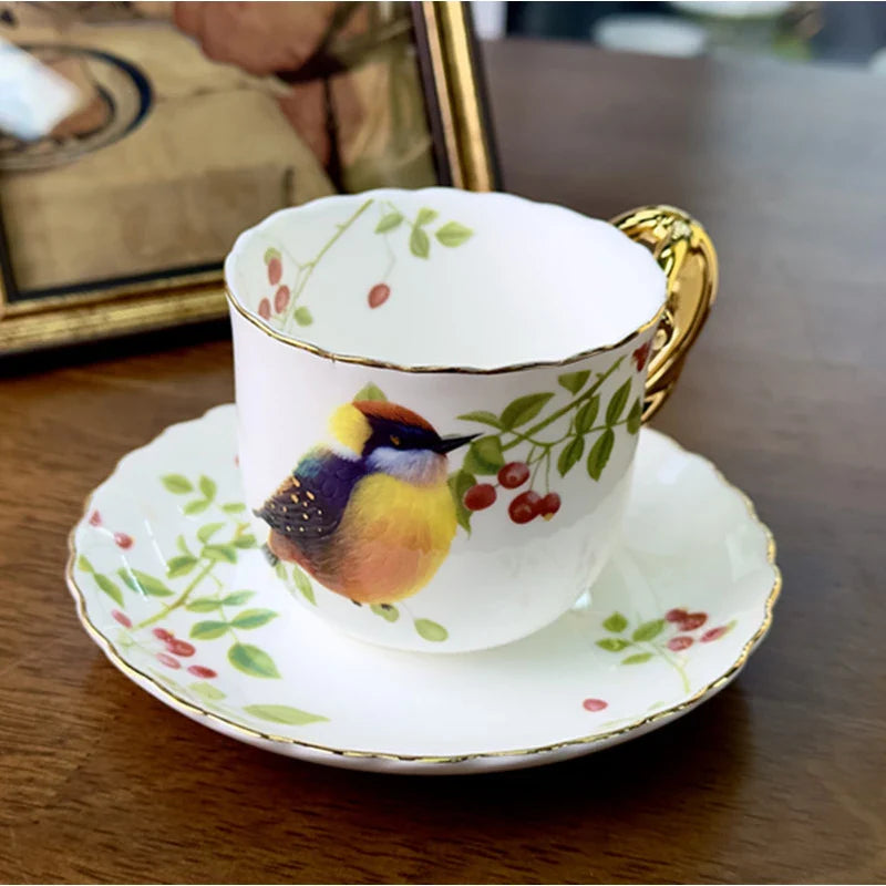 Afralia™ Bird Pattern Ceramic Gold-plated Coffee Mug & Saucer Set