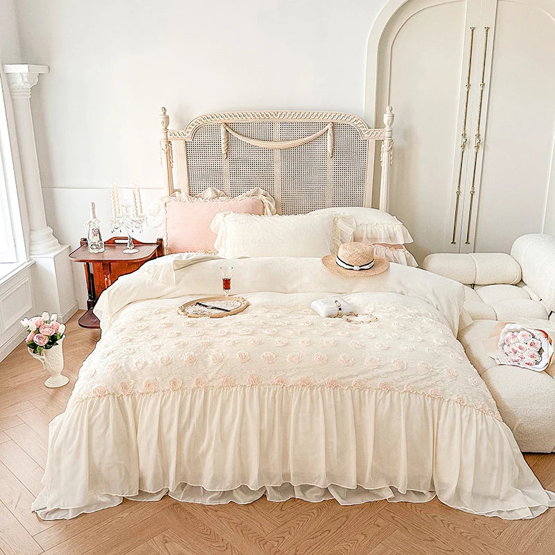 Afralia™ Pink Rose Lace Ruffles Bedding Set: Velvet Fleece, Duvet Cover, Sheet, Pillowcase