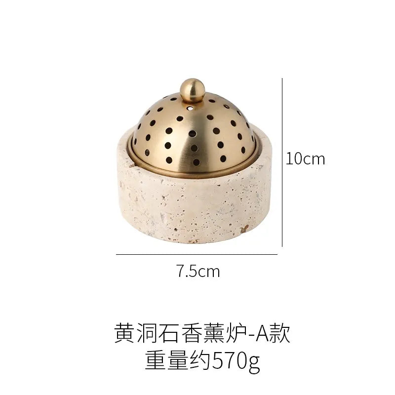 Afralia™ Travertine Marble Incense Burner with Brass Cover