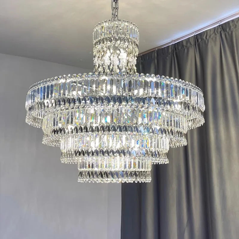 Afralia™ Large Crystal Chandelier Chrome Hanging Lamp for Dining Room Decor