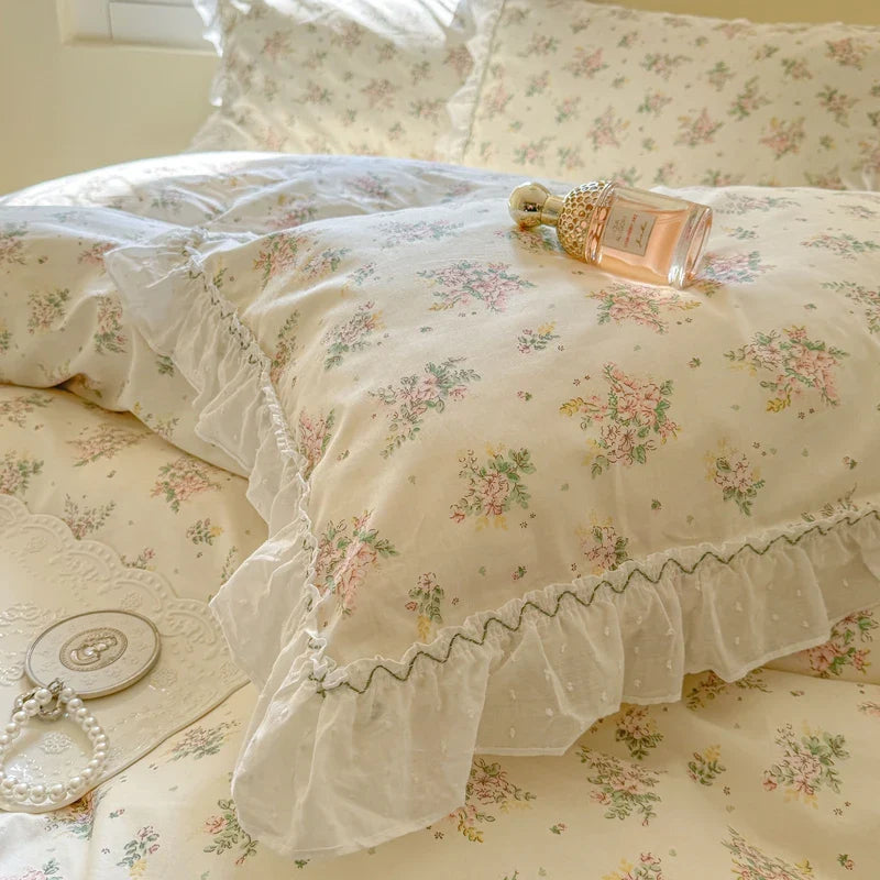 Afralia™ Floral Lace Ruffle Cotton Bedding Set with Quilt Cover, Duvet Cover, and Pillowcases