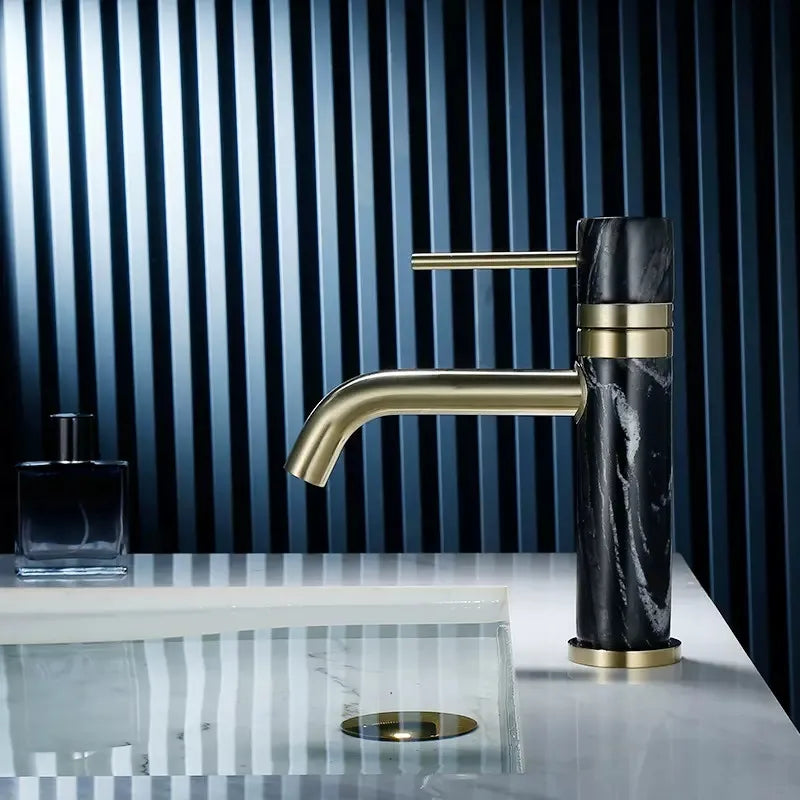 Afralia™ Brushed Gold Bathroom Faucet with Swivel Spout and Marble Accents