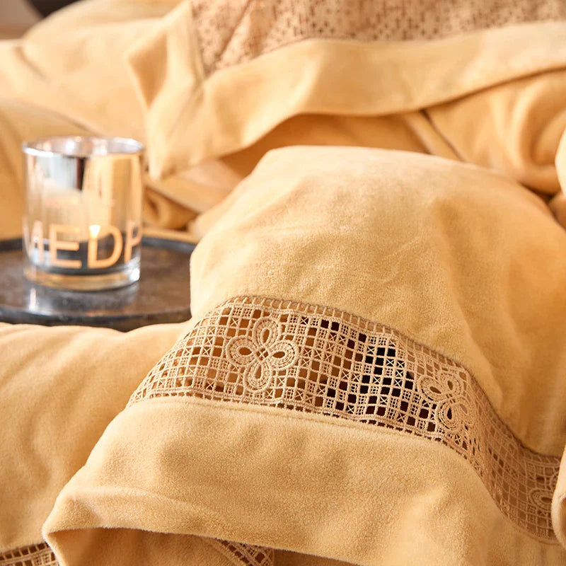 Luxury Gold Velvet Lace Duvet Bedding Set by Afralia™, Cozy Furry Winter Collection