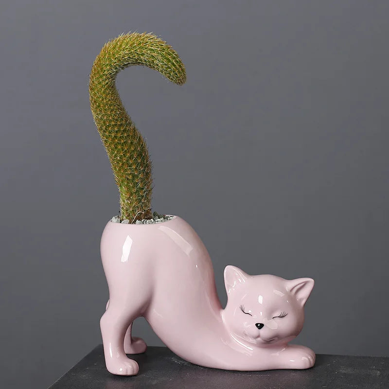 Afralia™ Cat Tail Succulent Planting Porcelain Vase - Cute Cartoon Cat Flowerpot