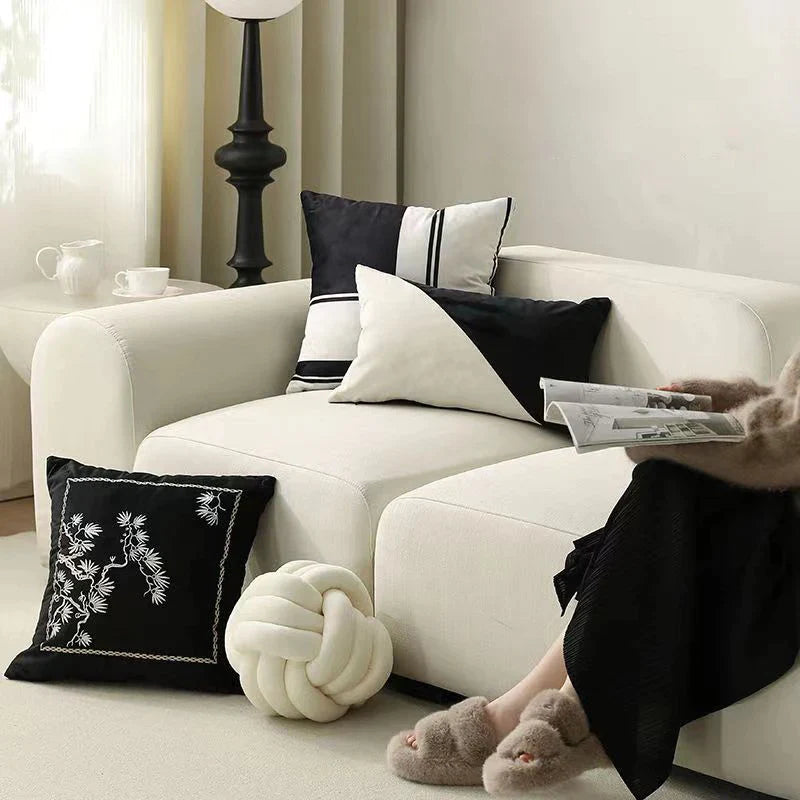 Afralia™ Embroidered Black White Minimalist Cushion Cover Light Luxury Home Decor Pillow