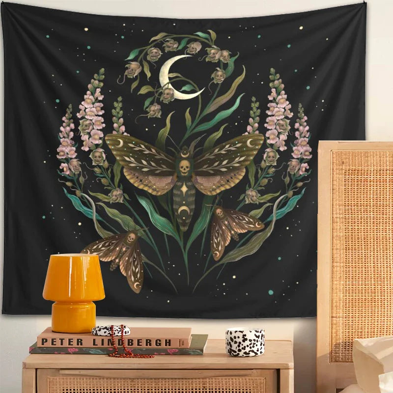 Afralia™ Death's Head Tapestry Wall Hanging Moon Flower Trippy Carpet Dorm Room Decor