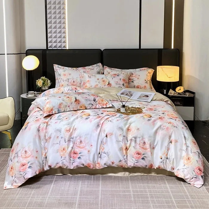 Afralia™ Summer Ice Silk Printed Bedding Set with Lace - Cooling Quilt, Duvet Cover, Pillowcases & Bed Sheet