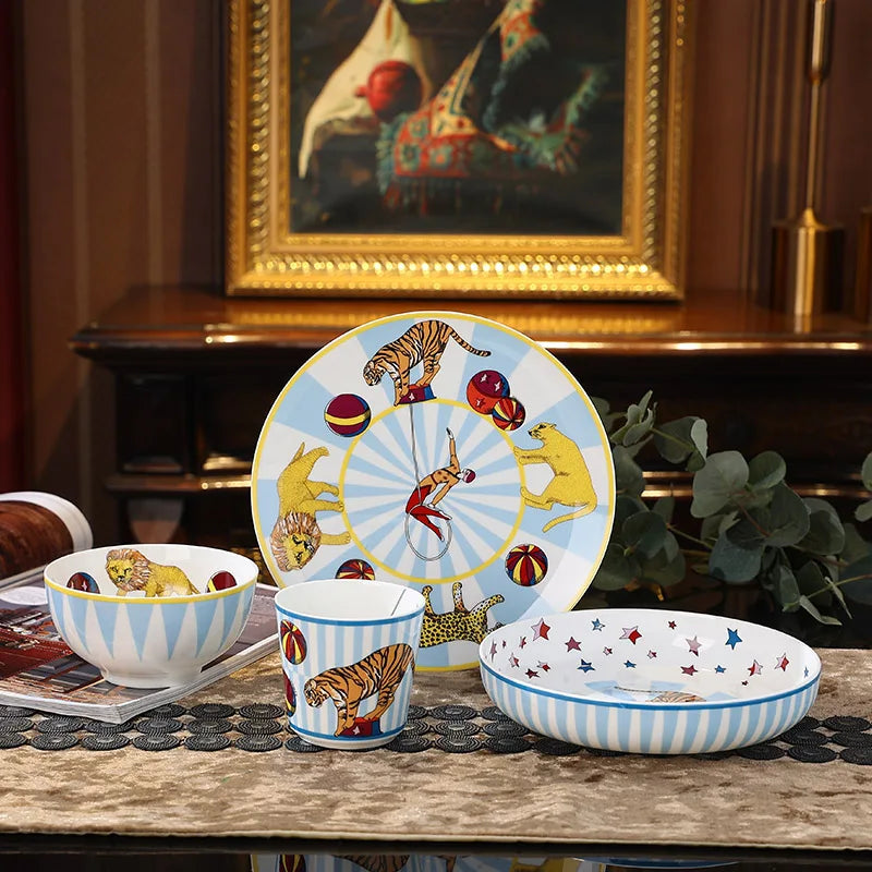 Afralia™ Circus Troup Kids Tableware Set - Plates, Bowls, Cup, Pot, Dish - Children's Gift