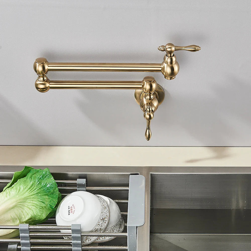 Afralia™ Brushed Gold Brass Pot Filler Faucet with Folding Spout - Wall Mounted Kitchen Tap