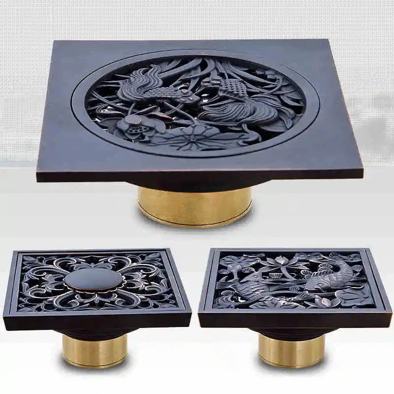 Afralia™ Black Brass Shower Drain Strainer Floor Cover Square Art Carved Grate Basins SY-073R