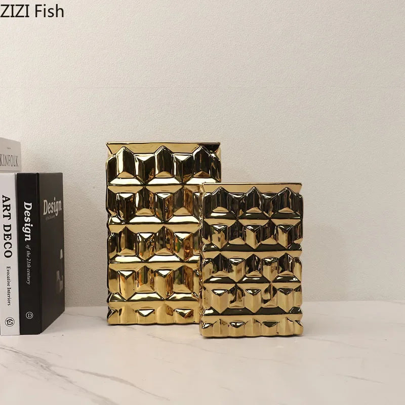 Afralia™ Golden Square Ceramic Vase with Artificial Flowers for Room Aesthetic Decor