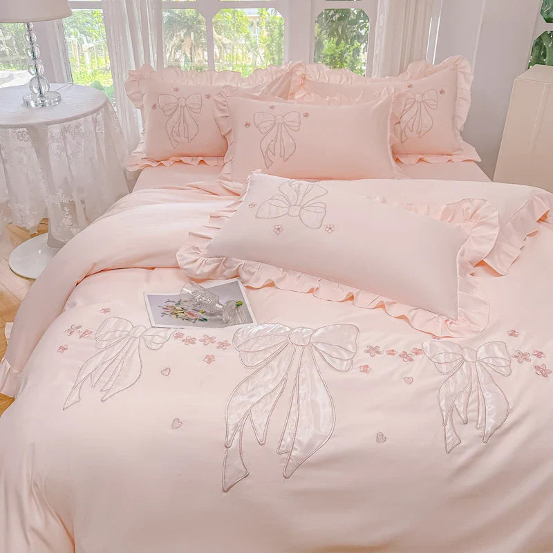 Afralia™ Ice Silk Embroidered Ruffles Duvet Set with Cool & Skin-Friendly Feel