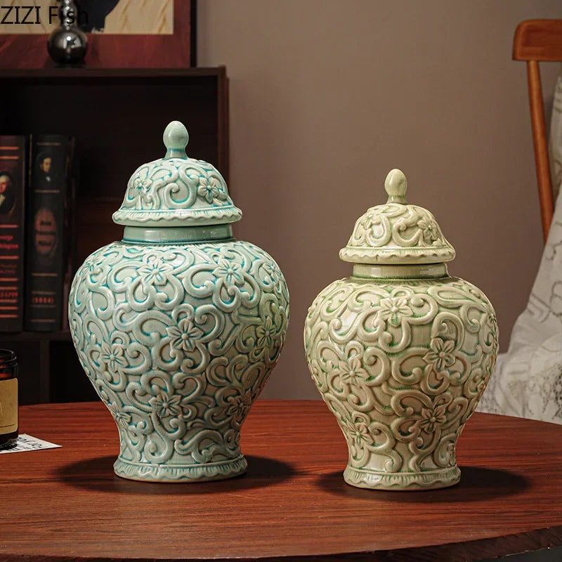 Afralia™ Flower Relief Ceramic Vase General Jar for Table Decoration and Floral Arrangement