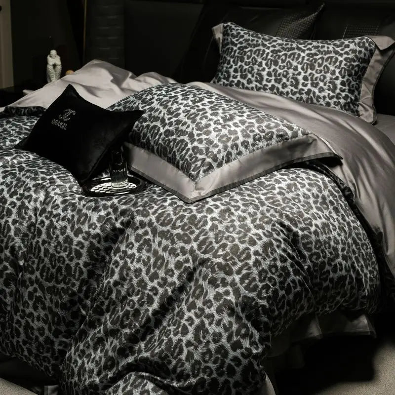Afralia™ 1000TC Egyptian Cotton Grey Leopard Print Bedding Set with Duvet Cover, Sheet, Pillowcase