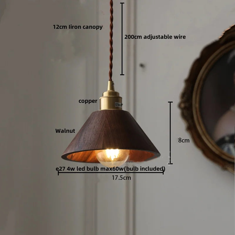 Afralia™ Copper Socket Walnut Wood LED Pendant Light Fixture for Dining Room