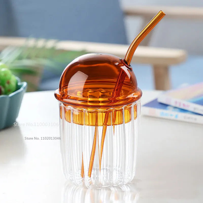 Afralia™ 450ml Striped Glass Cup with Lid and Straw, Ideal for Coffee, Juice, Milk, or Tea