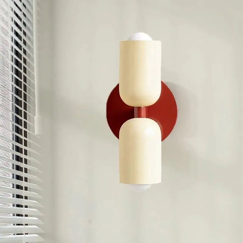 Afralia™ Macaron Cream Double Iron Red Base LED Wall Lamp for Bedroom Home Decor