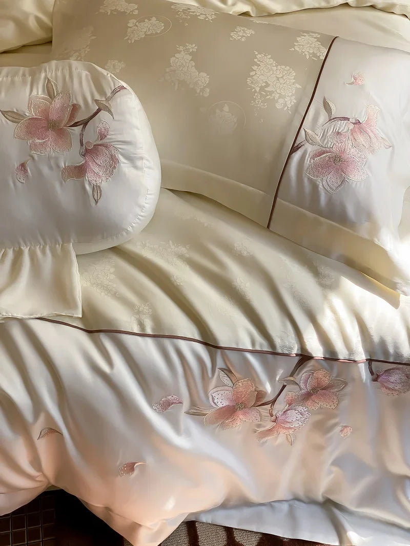 Afralia™ Chinese Floral Embroidery Lyocell Cotton Bedding Set with Silky Softness