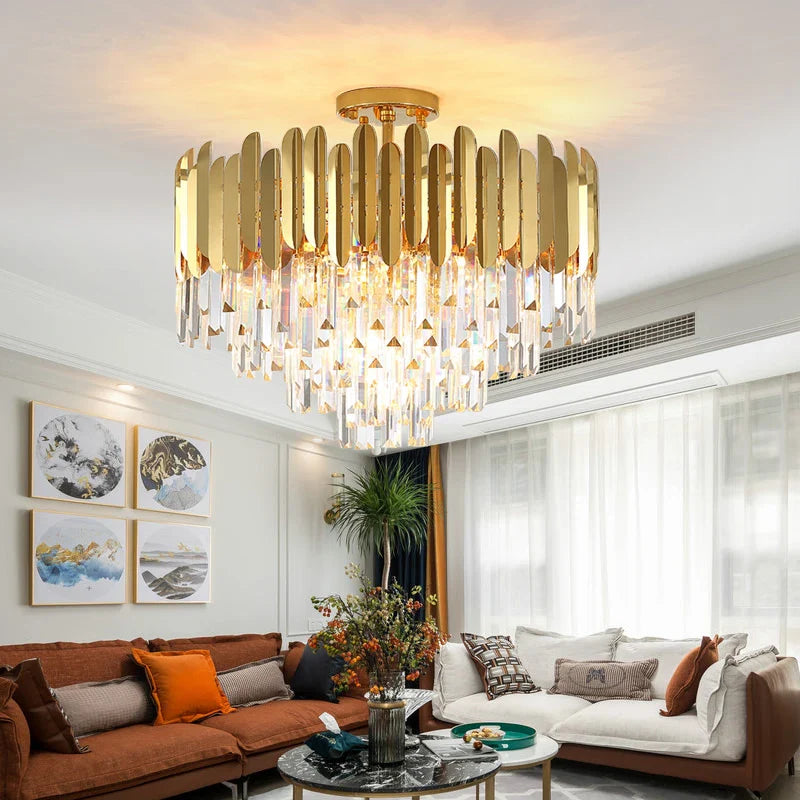 Afralia™ Golden LED Crystal Ceiling Light for Luxury Living Room, Modern Round Crystal Lamp