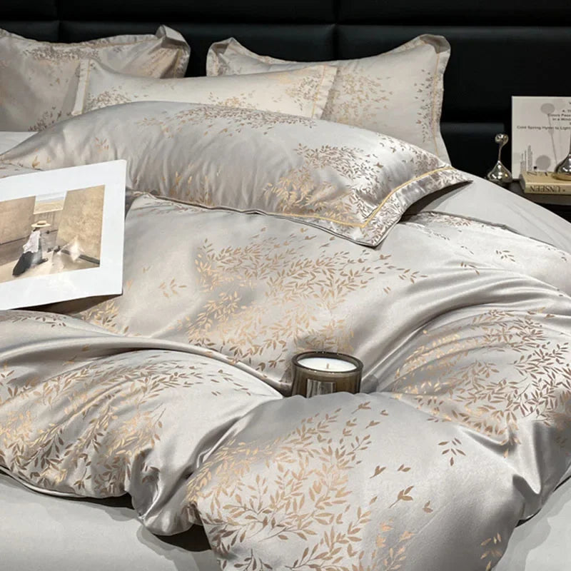 Afralia™ Silk-Cotton Jacquard Bedding Set in Nude, Single/Double Size Soft Bedclothes