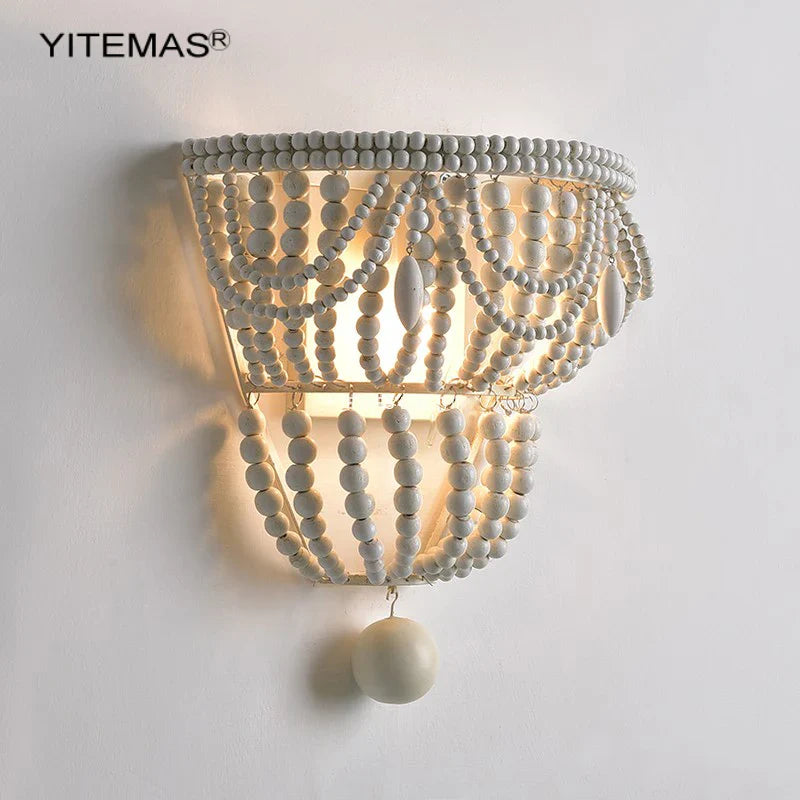 Afralia™ White Wooden Beads Wall Lamp - Modern Living Room Bedroom Sconce