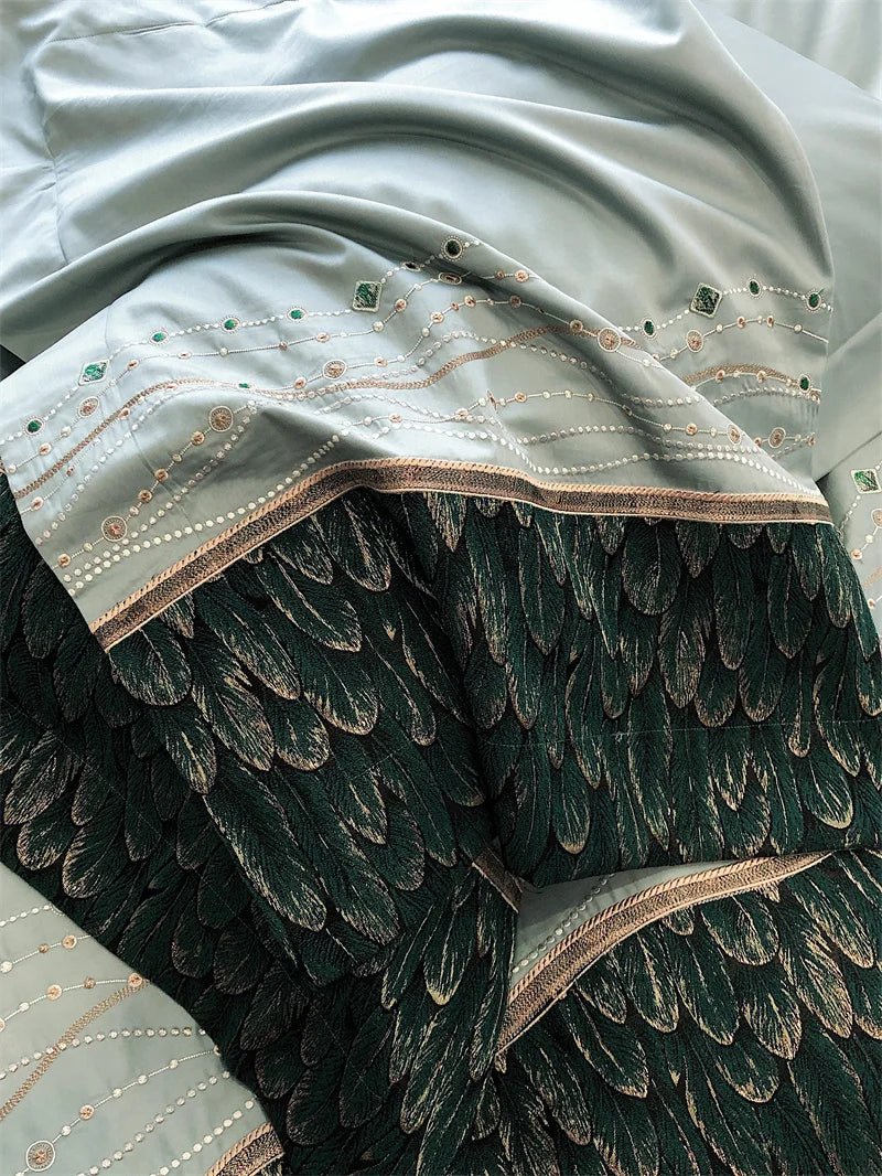 Afralia™ Vintage Luxury Feather Jacquard Bedding Set, 1000TC, Patchwork Embroidery Design