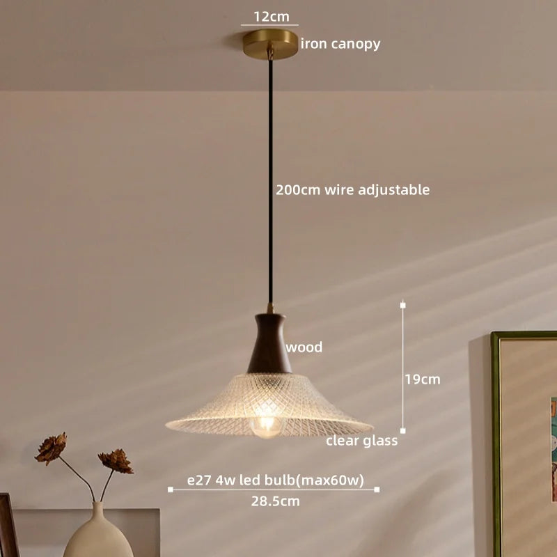 Afralia™ Wood Glass LED Pendant Lights Modern Hanging Lamp for Kitchen Living Room