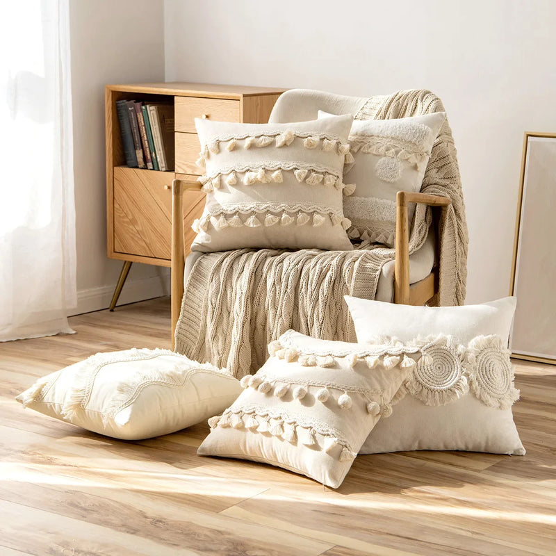 Afralia™ Beige Tufted Fringed Cushion Cover Cotton Linen Tassel Crochet Pillow Cover