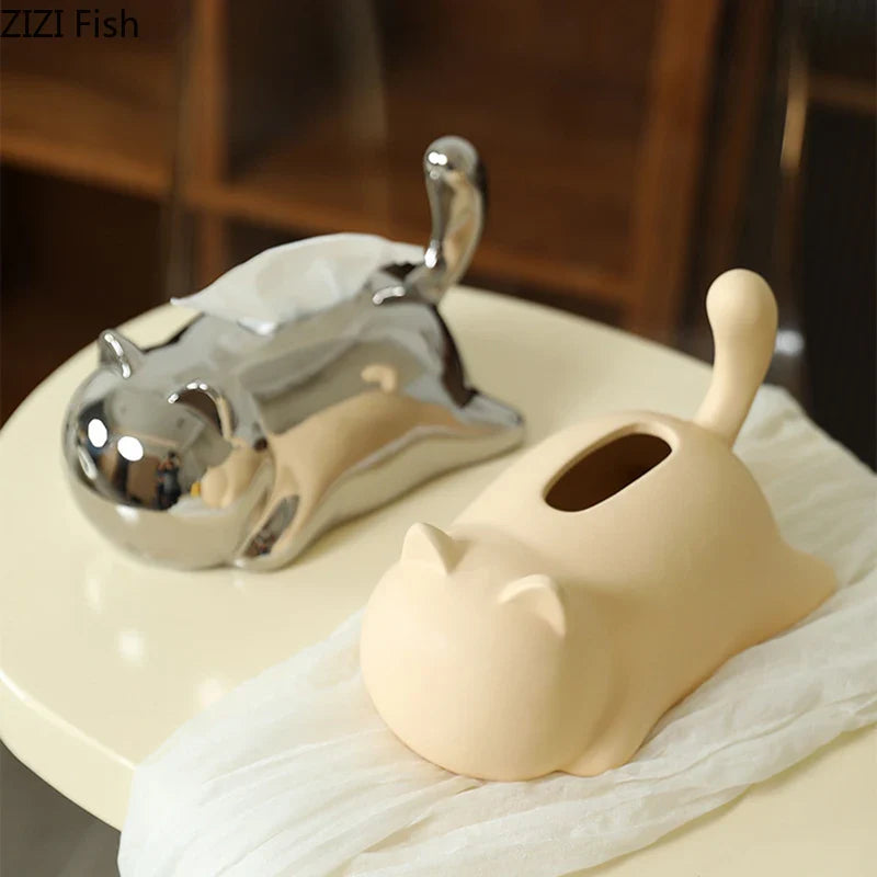 Afralia™ Cat Ceramic Tissue Box Modern Home Decor