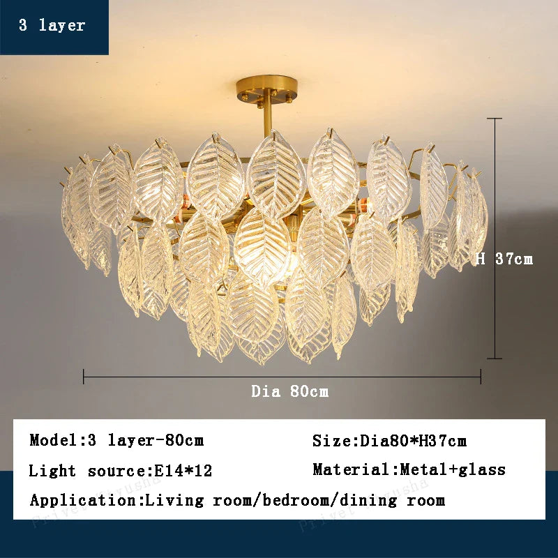 Afralia™ Leaf Glass Chandelier Pendant Light Luxury Dining Room Ceiling Fixture