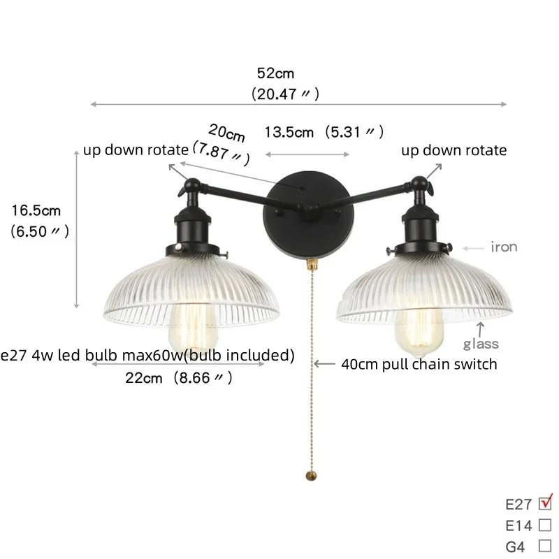 Afralia™ Industrial LED Wall Light Fixture with Pull Chain Switch, 2 Heads Bedside Lamp