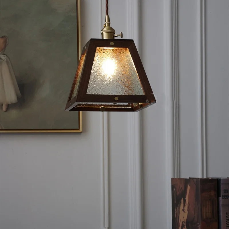 Afralia™ Walnut Wood LED Pendant Light Clear Glass Adjustable Loft Retro Style
