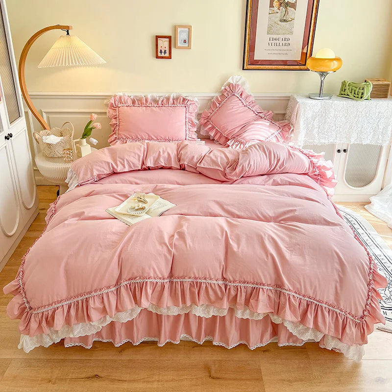 Afralia™ Korean Princess Style Double Ruffle Bedding Set for Queen King Bed