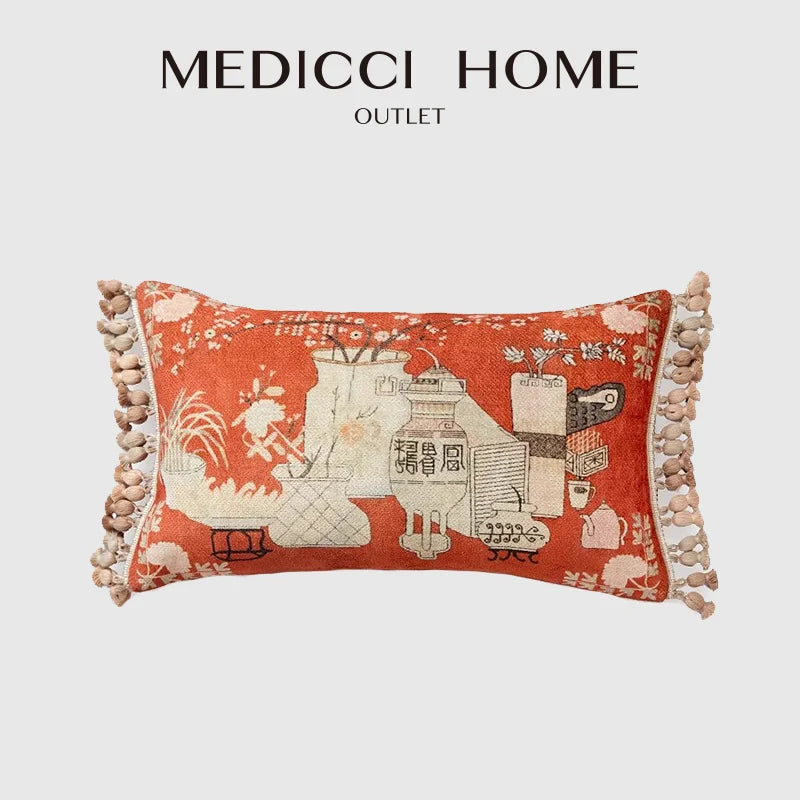 Afralia™ Spanish Retro Orange Lumbar Pillow Cover with Tassel Print, 30x50cm