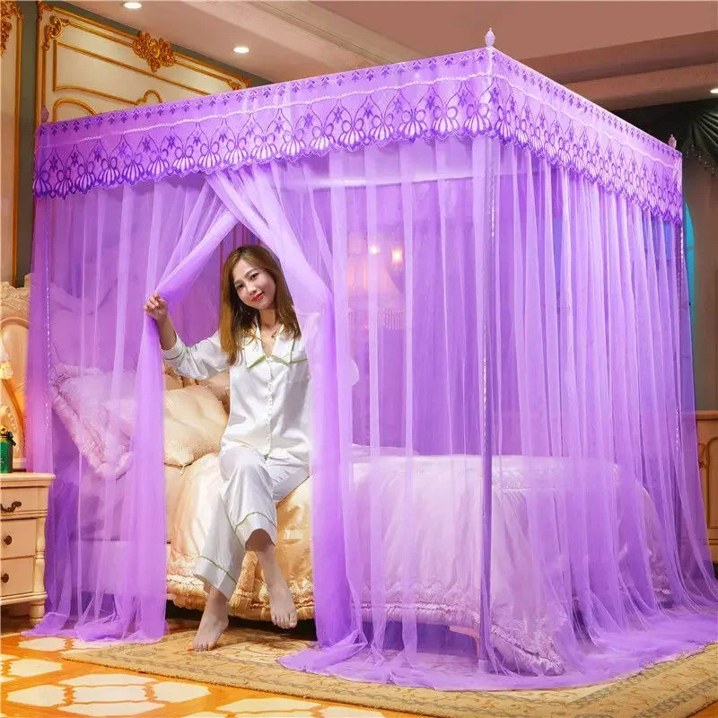 Afralia™ Mosquito Net Canopy for Queen Double Bed - Lace Pleated Embroidery Square